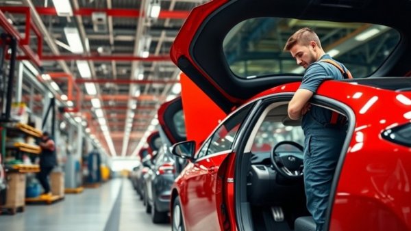 China chip exports automotive industry: red electric car production in factory.