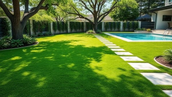 Evergreen synthetic grass path beside a pool in modern backyard.