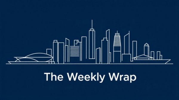 Modern city skyline with 'The Weekly Wrap' text on blue background related to Affordable Housing Ballot Measures.