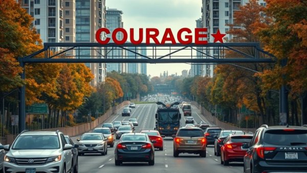 Bronx highway with traffic under 'COURAGE' sign