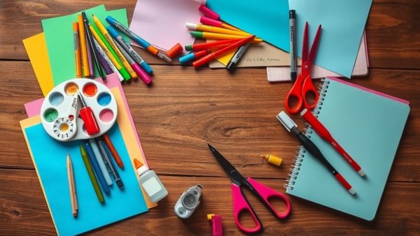Colorful cheap arts and crafts supplies on wooden table.