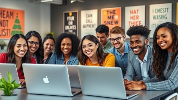 Diverse team engaged in online sales training courses in modern office.