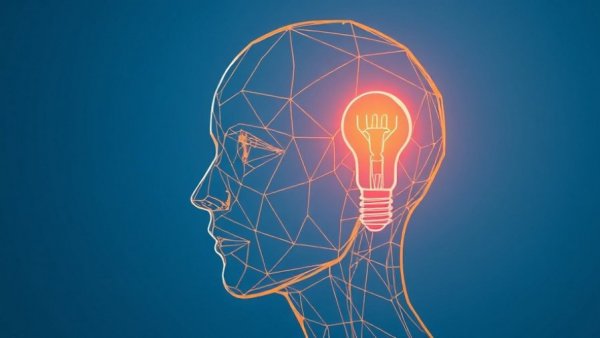 Wireframe head with light bulb symbolizing AI competitiveness.