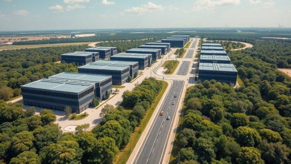 Modern data center on the outskirts of a city, relating to debt and the AI boom.