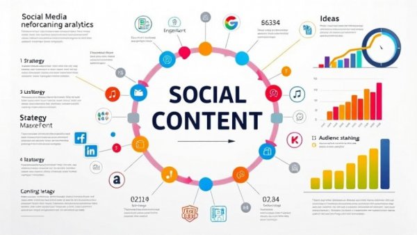 Infographic on social media content development with analytics and growth metrics.