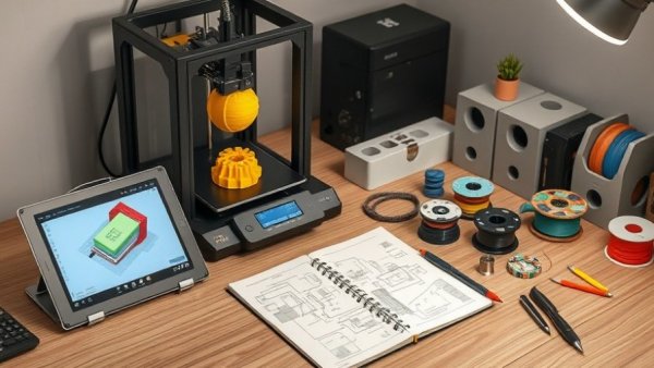 Product design and prototyping setup with 3D printer and tools.