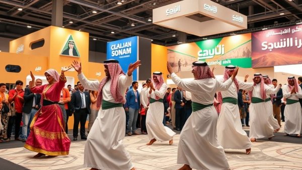 Saudi Arabian cultural event showcasing traditional dance at tourism exhibition.