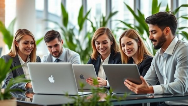 Business team using laptops for automated payroll solutions in office.