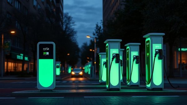 Electric vehicle charging stations glowing at dusk, urban setting.