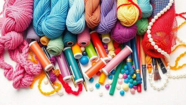Craft supplies including yarn, paints, and brushes arranged on a white background.