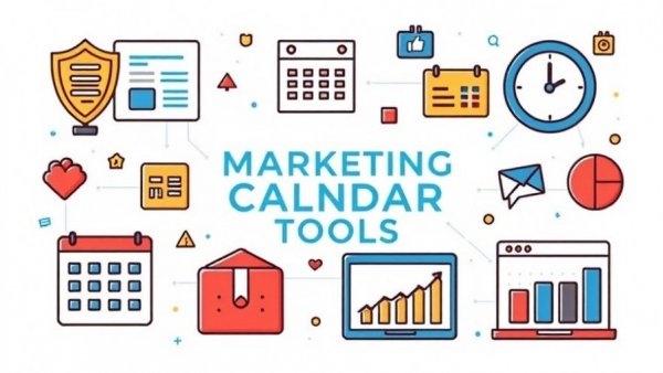 Illustrated diagram of marketing calendar tools features various icons for project management, content, and analytics.