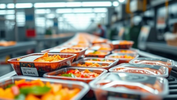 Pre-packaged meals on conveyor, showcasing food procurement policies.