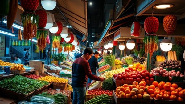 Night market scene with fresh produce and shoppers, Trump Tariff Exemptions Food Prices context.
