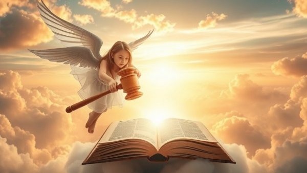 Supernatural encounters theme with celestial elements, angels, and a gavel in a heavenly setting.