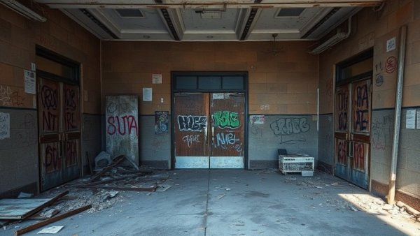 Abandoned school entrance showing impact of school closures on neighborhood violence, graffiti and debris visible.