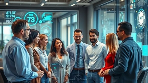 Team examines AI transformation failures with digital interfaces.