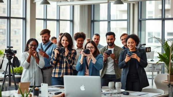 Creative team using clip makers for content creation in modern office.
