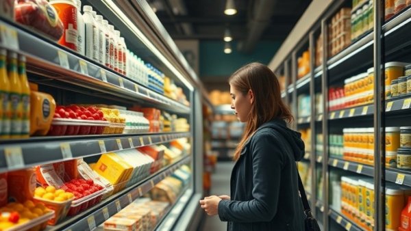 Woman shopping in grocery store dairy aisle amid potential tariff rollback impact.