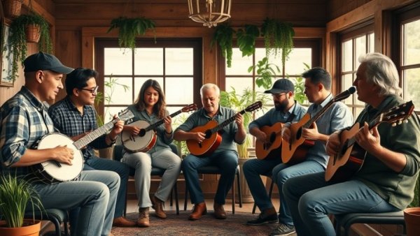 Group of musicians in a circle playing instruments at Kentucky's Old Time Music Jams.