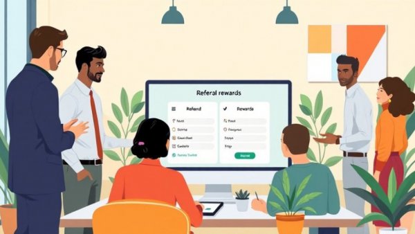 Illustration of referral rewards program with business interaction.