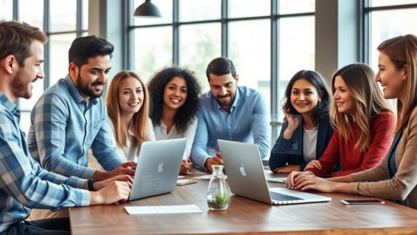 Social media marketing team meeting in modern office, laptops and digital icons.