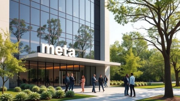 Meta corporate office with visitors outside, Meta antitrust case ruling topic.