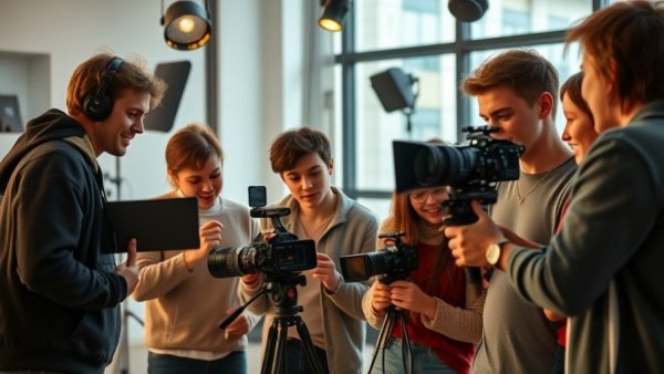 Diverse team collaborating on video creation with equipment in studio