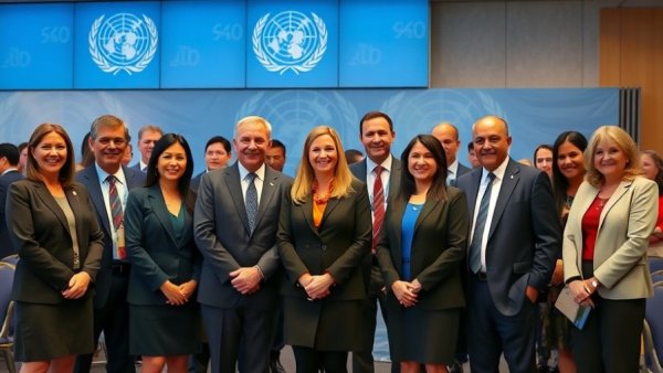 Group of professionals at a UN-themed conference, Tuya Smart AI capabilities for sustainability.