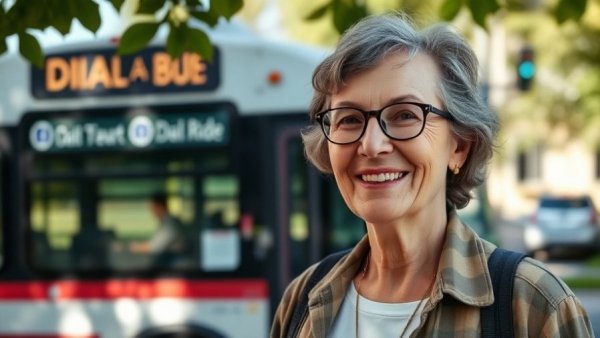 Older woman smiling near a suburban dial-a-ride bus