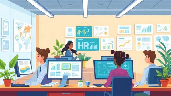 Illustration of people interacting with top online HR system in modern office.