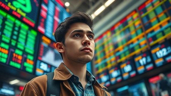 Concerned young man in front of stock display highlighting A.I. investment bubble concerns.