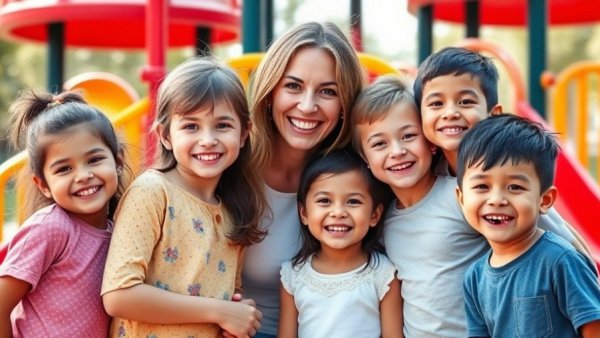 Smiling children and woman at a vibrant playground, mental health crisis among kids context.
