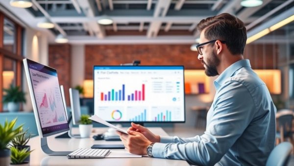 Professional analyzing customer satisfaction CSAT questions in a modern office with charts.