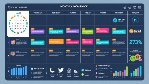 Monthly social media calendar infographic with stats and colorful icons.