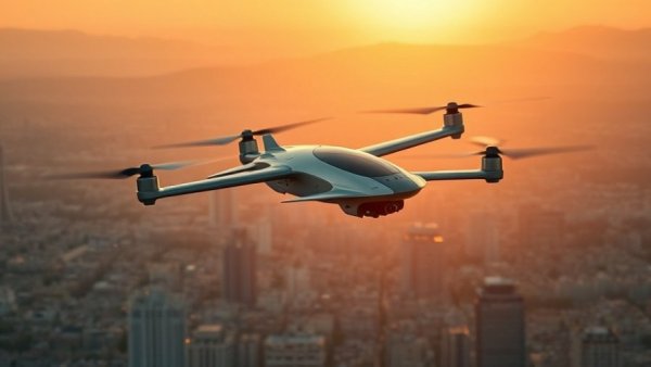 Futuristic electric aircraft flying at sunset over cityscape.