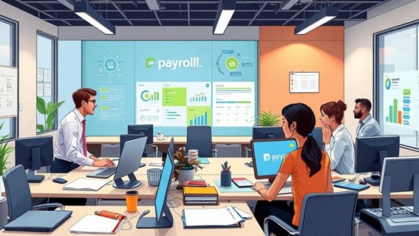 Illustration of people using an HR payroll program in an office setting.