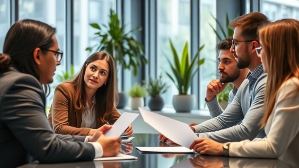 Business team discussing conflict resolution strategies in a meeting room.