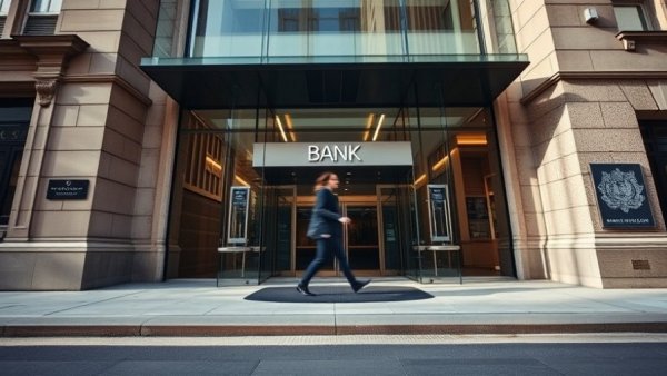 Bank entrance with passerby, related to bank customer data hack.