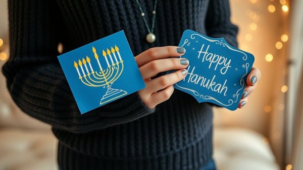 Heartfelt Hanukkah messages signs in hands, festive background.