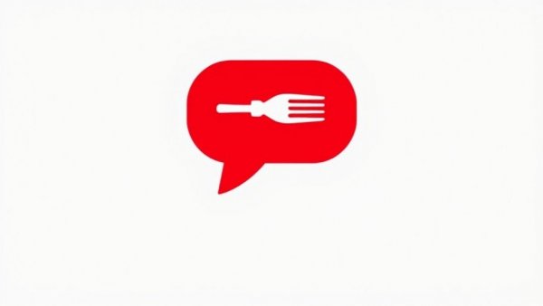 Minimalistic red and white logo design features a speech bubble with a fork.