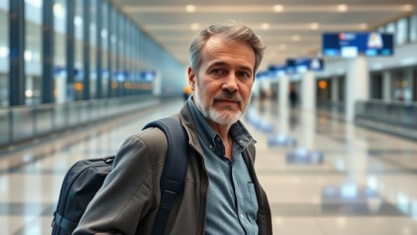 Agentic A.I.: Middle-aged man walking in airport terminal.