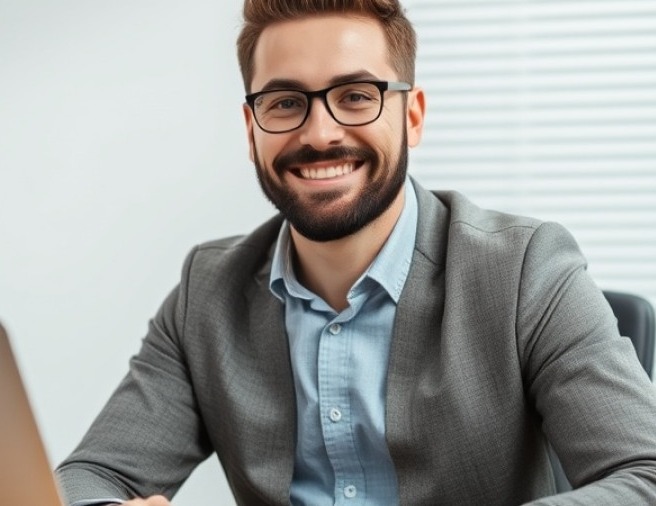 Happy marketing guy at a desk eagerly waiting for a webinar to start