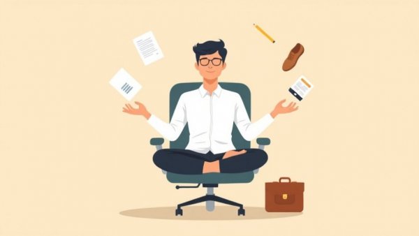 Minimalist illustration of meditation amidst office chaos for Daily Leadership Habits.