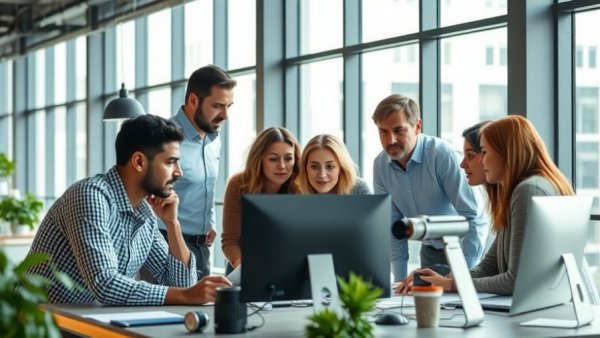 Focused team using collaborative video editing tools in modern office.