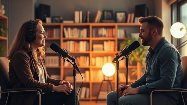 Podcast studio with two hosts discussing, emphasizing better sushi quality.