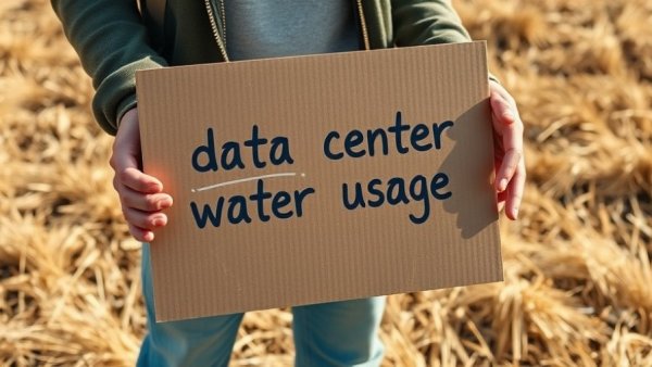 Protest sign about water use in data centers, outdoor setting.