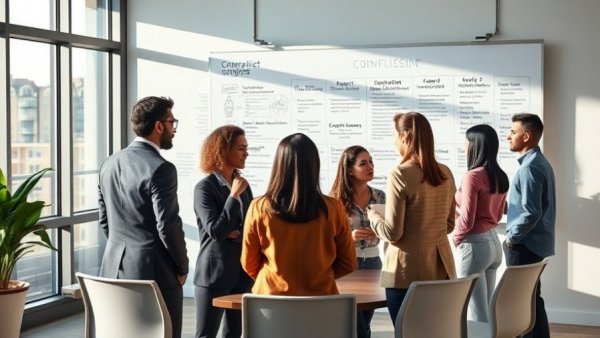 Professionals discussing conflict resolution strategies in meeting.