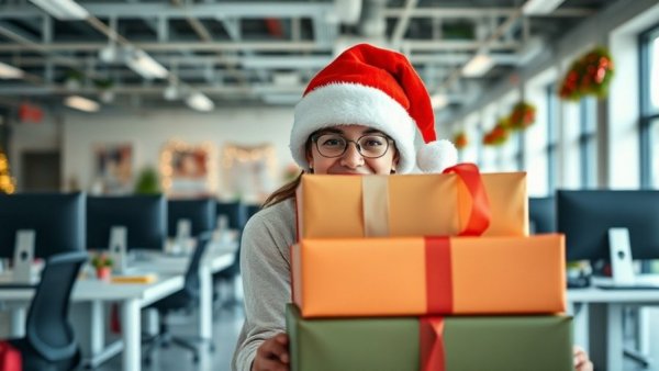 Person holding gift boxes in an office to show appreciation to employees.