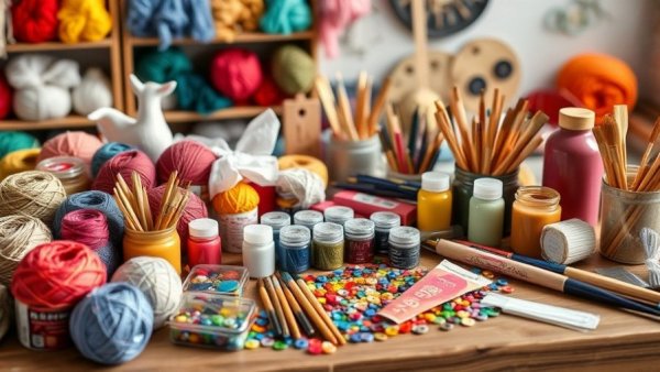 Affordable craft supplies online, assorted colorful items on table.
