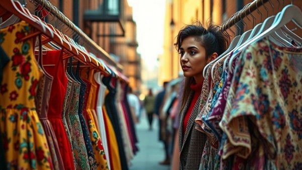 Vintage Sidewalk Sale in Brooklyn with colorful dresses and shopper